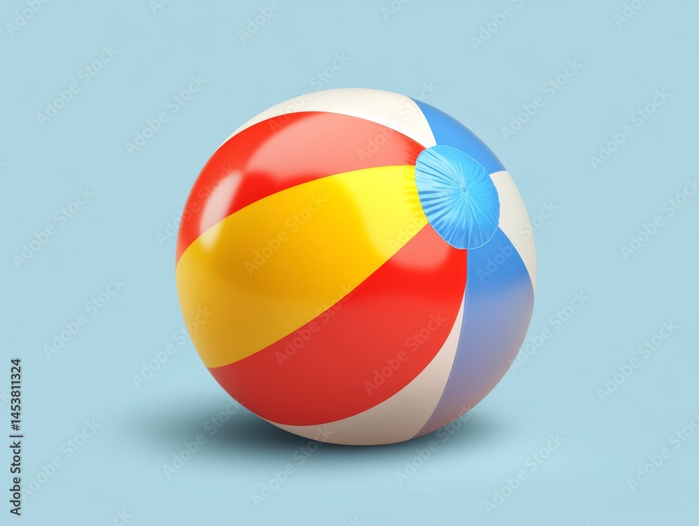 3D illustration of beach ball with red, yellow and blue stripes.