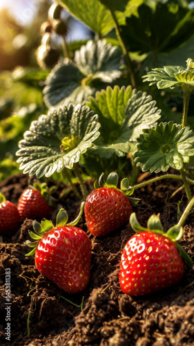 Ripe Strawberries Growing in a Garden Bed