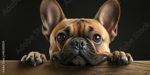 Obraz na płótnie A brown and white dog is looking at the camera with its eyes closed. The dog's ears are perked up and its nose is slightly raised. It is curious or focused on something in the distance w salonie