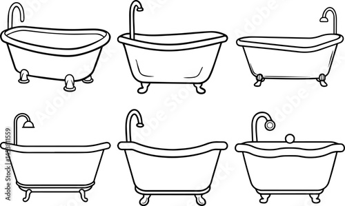 Set of bathtub outline vector illustration line art