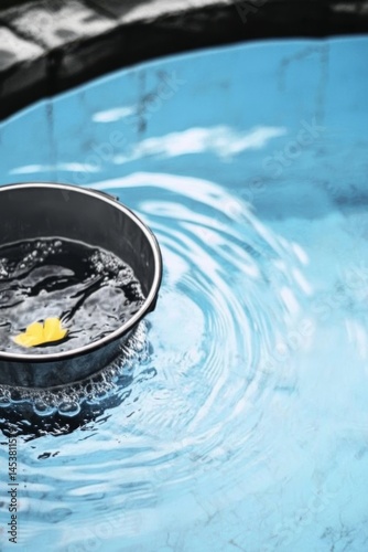 Obraz na płótnie Peaceful water ripples with a bucket floating on it, symbolizing calmness and stillness. w salonie