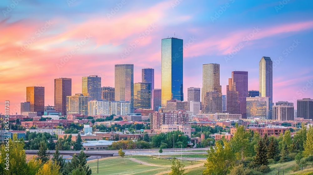 Obraz premium Urban skyline filled with apartment buildings under soft sunset light