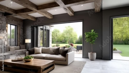 A modern living room boasts a luxurious interior with a window offering a stunning view