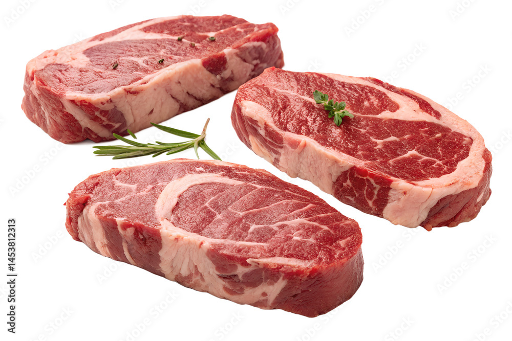 Three fresh chuck eye steaks with herbs on a black background close up Three fresh chuck eye steaks with herbs on a black background close up