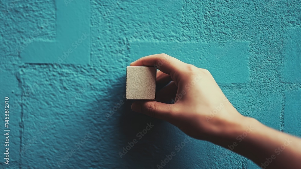 A close-up of a person's hand holding a brick and setting it onto a blue wall, highlighting the action of laying bricks and the textured nature of building materials.