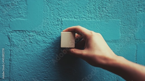 Obraz na płótnie A close-up of a person's hand holding a brick and setting it onto a blue wall, highlighting the action of laying bricks and the textured nature of building materials. w salonie