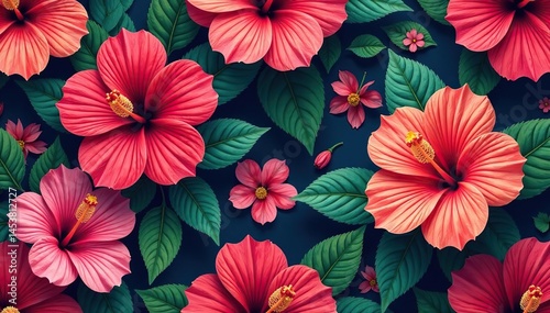 Wallpaper Mural Bold tropical hibiscus blooms, vibrant seamless repeat, texture, leaves, floral Torontodigital.ca