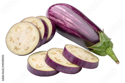 Fresh striped eggplant and sliced aubergine on a black background studio shot