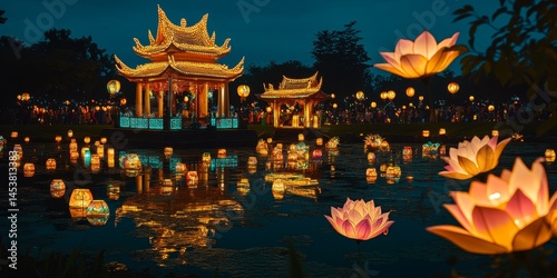 A picturesque night view of a traditional Chinese temple, adorned with lanterns and lotus flowers, reflecting off the still waters of a pond.