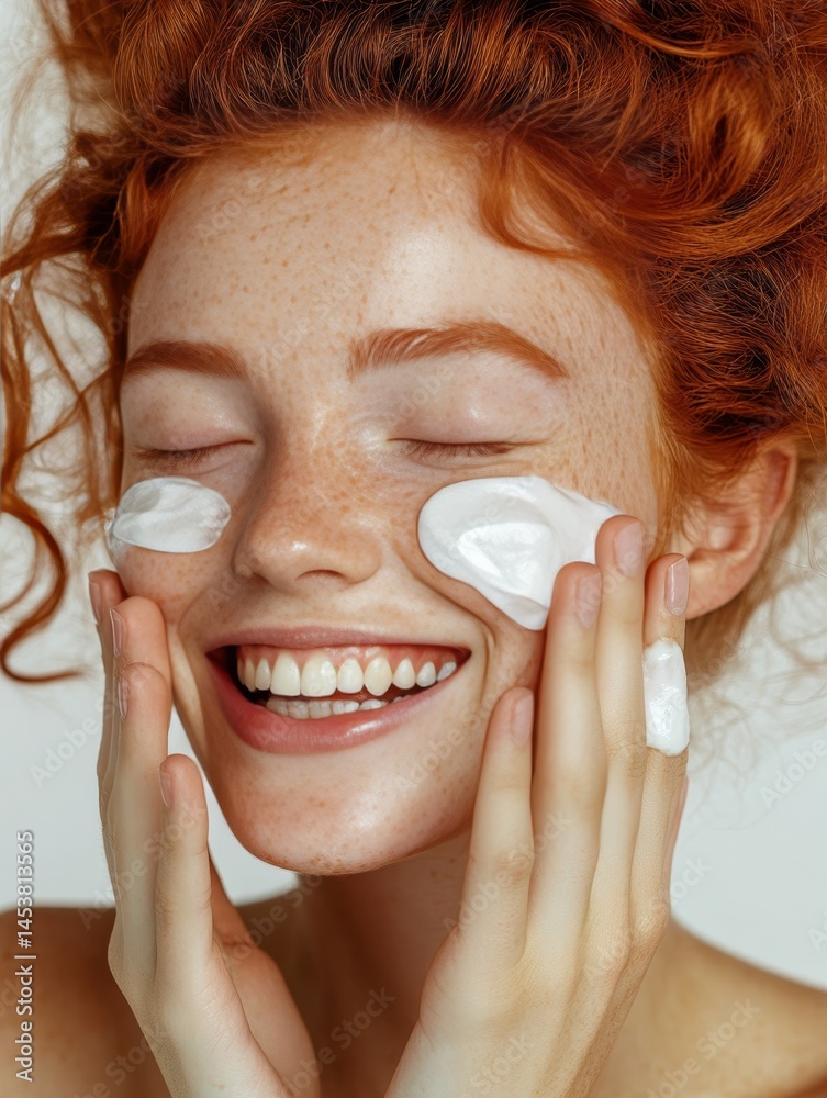 Smiling woman applying white facial mask, expressing happiness and relaxation.