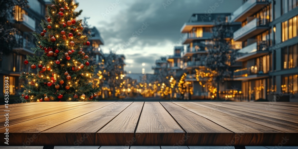 Naklejka premium A festive Christmas scene set in a contemporary housing community with modern architecture, featuring houses and apartment buildings with holiday decorations like lights on trees and deck railings.