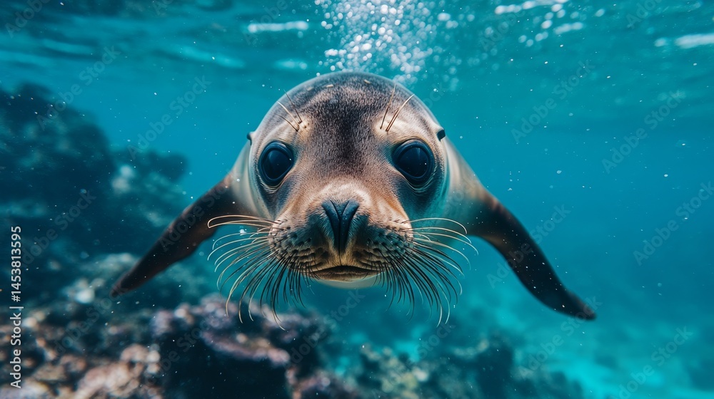 A sea lion with striking blue eyes peers up from the depths of the ocean in a vibrant underwater environment.