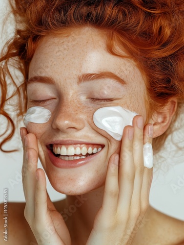 Smiling woman applying white facial mask, expressing happiness and relaxation.