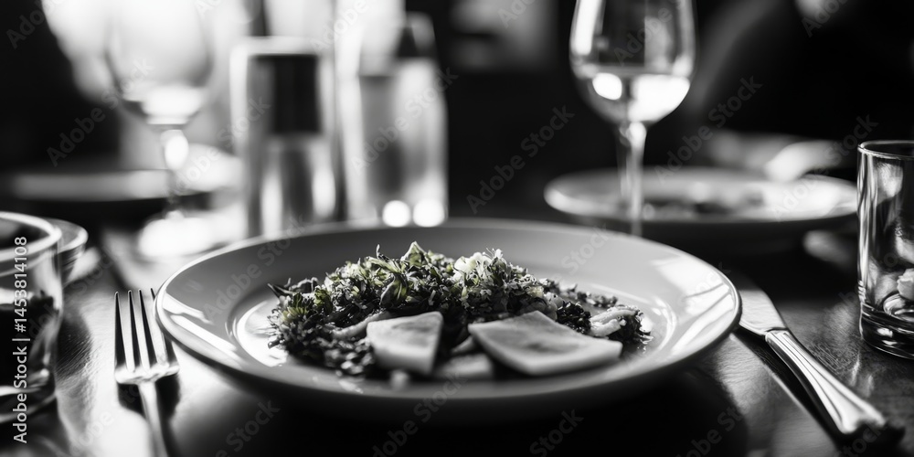 Exquisite meal served on a white tablecloth, featuring plated dessert and cultured vegetables. Fine dining experience at an upscale restaurant.