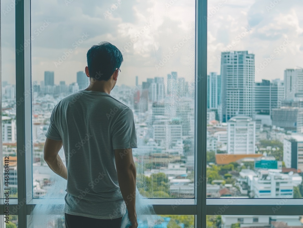 A man in a white shirt stands at the window of a skyscraper, gazing out over the cityscape below.