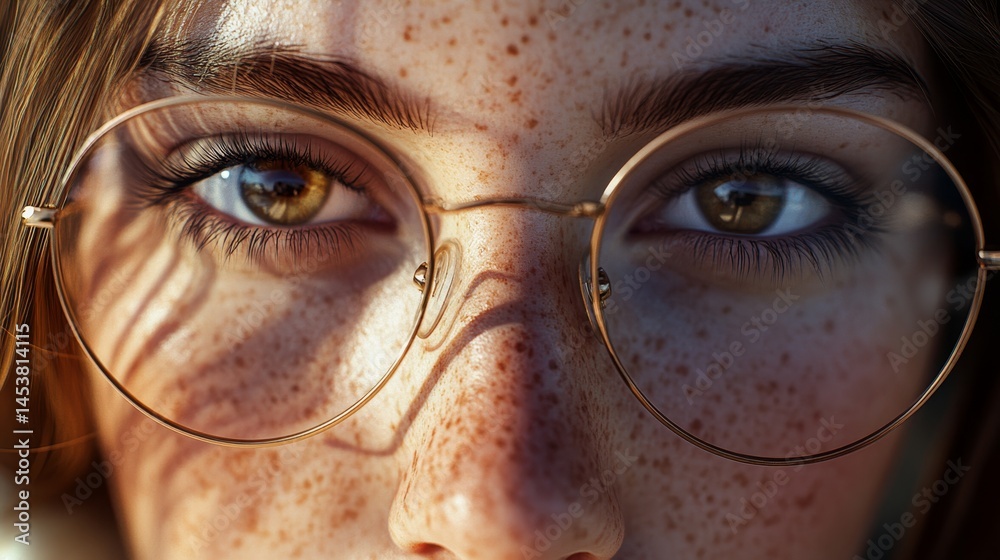 A young woman wearing glasses looking directly at the camera with a soft background blur.