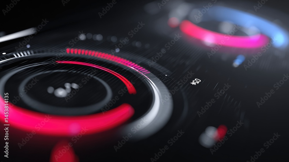 Fototapeta premium Abstract Futuristic HUD Interface: Red and Blue Glowing Circles, Dark Background