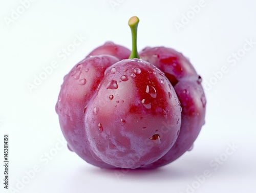Purple plums with drops of water, a healthy snack.