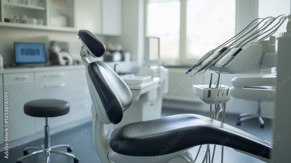 A dentist's office with a black chair and a white computer. The chair is empty and the computer is turned on