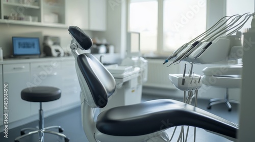 Obraz na płótnie A dentist's office with a black chair and a white computer. The chair is empty and the computer is turned on w salonie