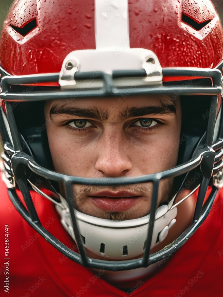 Portrait of young man wearing football uniform and helmet.