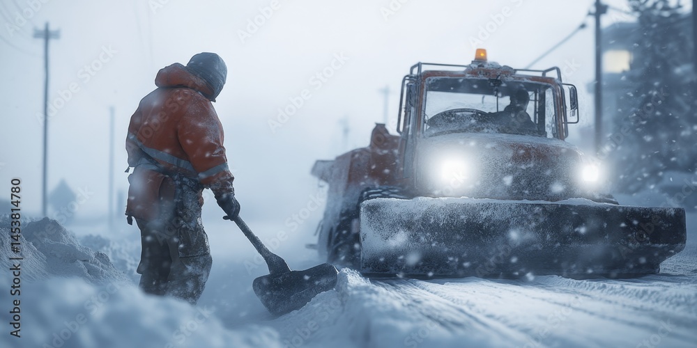 Construction worker shoveling snow from a roadway with heavy machinery in the background. Snowy conditions indicate harsh winter weather.