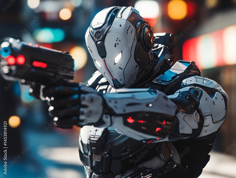 Cybernetic soldier aiming weapon.
