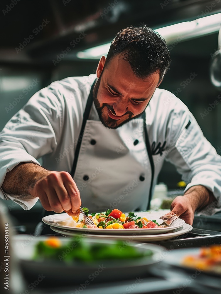 Chef in professional kitchen preparing a meal with care and attention to detail.