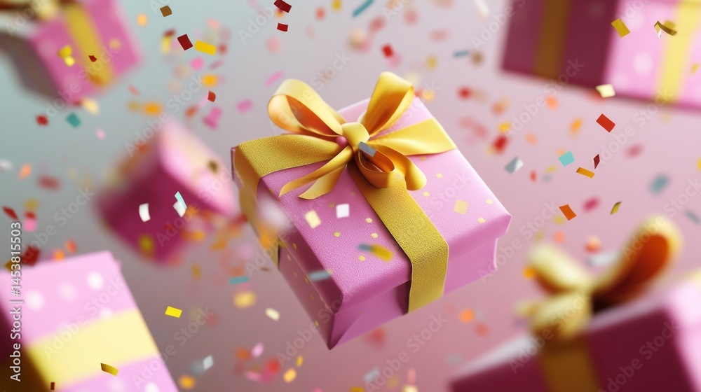 A collection of festive birthday presents, topped with a yellow ribbon and confetti. The gifts are vibrant and ready for celebration.