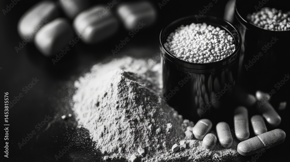 Pills and powders close up for medicine composition