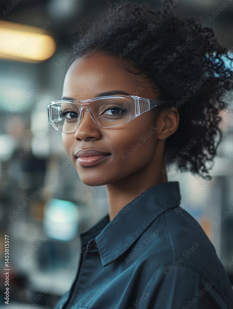 Woman wearing protective goggles and industrial work attire in a factory setting.