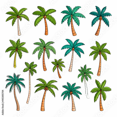Collection of cartoon palm trees with different colors and shapes isolated on white background evokes tropical summer vibes