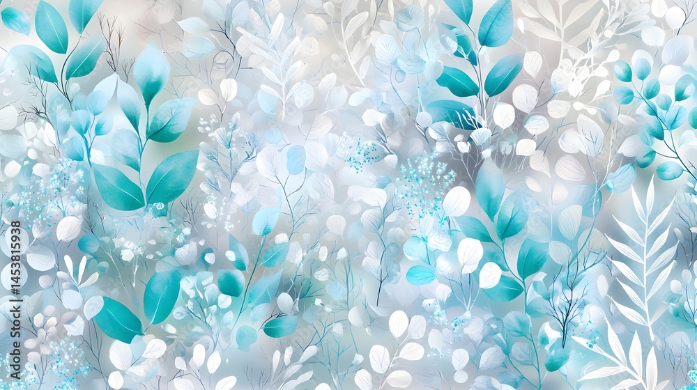 Fototapeta premium Teal and White Watercolor Floral Background Pattern
