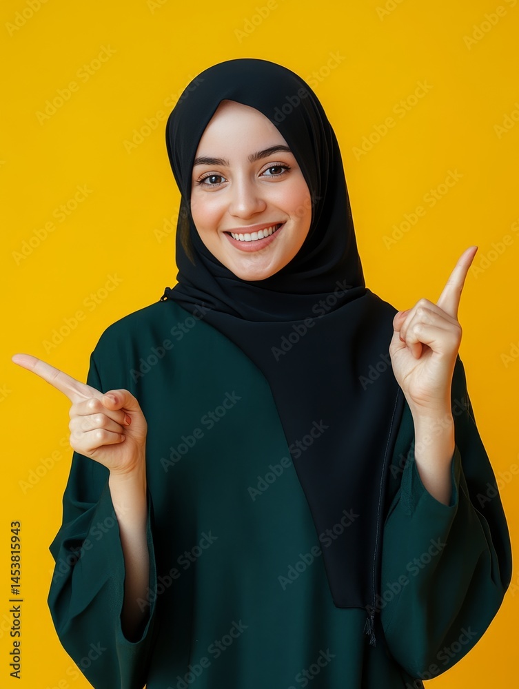 Young female wearing traditional Islamic head and body covering, showing confidence and positivity.