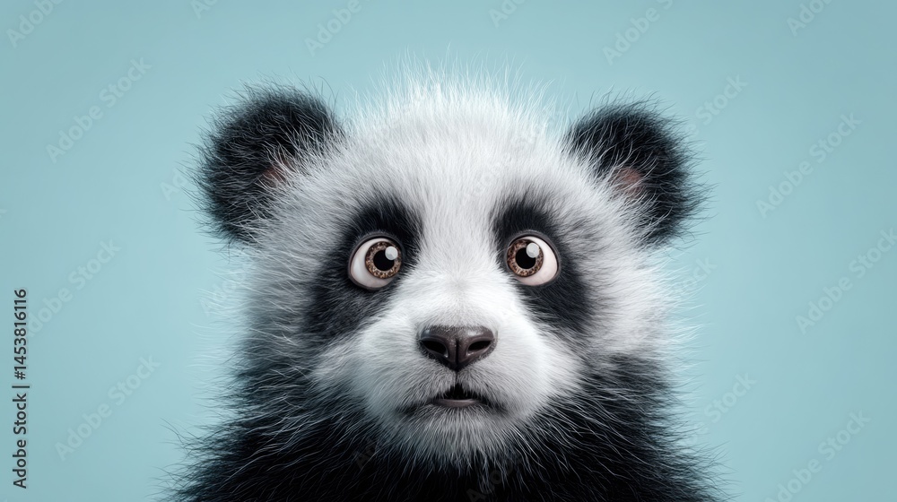 Obraz premium Adorable Panda Cub Close-Up: Big Eyes, Soft Fur, Blue Background
