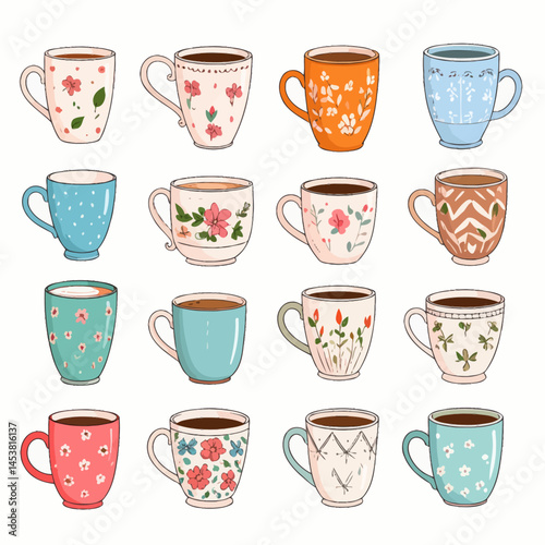 Collection of whimsical coffee cups with charming designs perfect for a cozy beverage break or delightful kitchen decor, featuring an array of colorful patterns