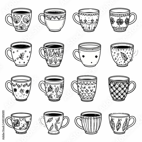 Collection of whimsical coffee mugs in black and white with unique designs for creative projects and cozy kitchen decor concepts