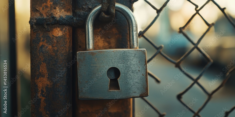 Padlock on a chain link fence for security and restricted access.