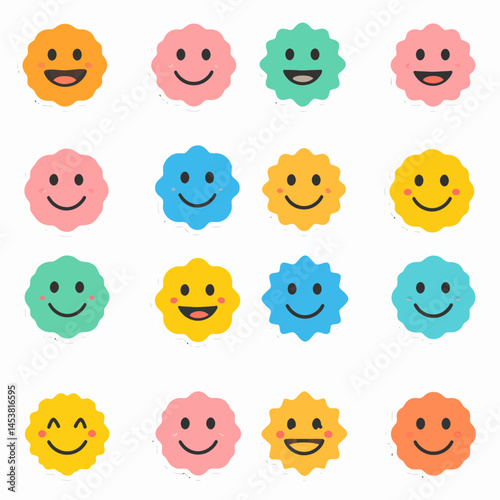 Colorful smiley face sticker sheet featuring a range of expressions and vibrant colors on a white background