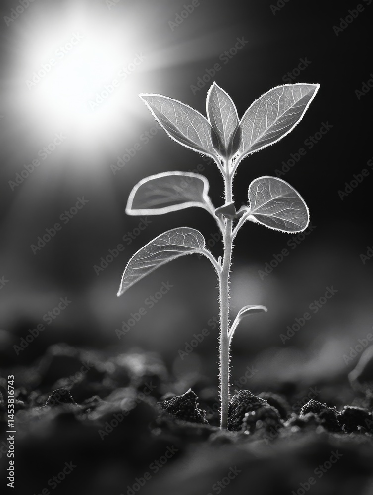 A small plant is growing in the dirt. The sun is shining on it, making it look like it's glowing