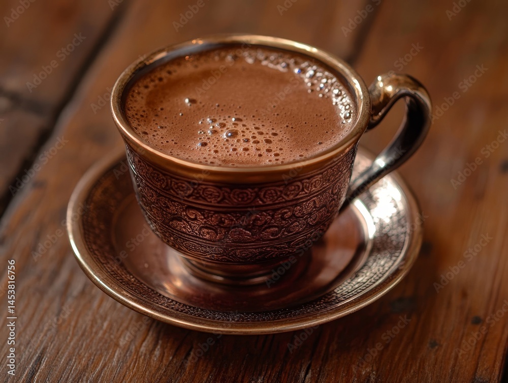 A cup of coffee is sitting on a wooden table. The cup is made of metal and has a gold rim. The coffee is hot and steaming, and the cup is filled to the brim. The scene is cozy and inviting