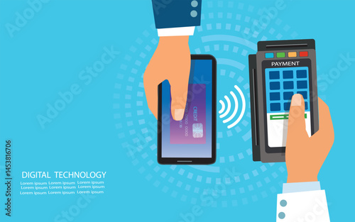 NFC near field communication mobile payment man holding smart phone cashier with edc terminal in hand flat vector