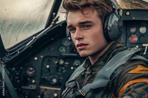 Obraz na płótnie Pilot in cockpit wearing flight gear, ready for training or mission. w salonie