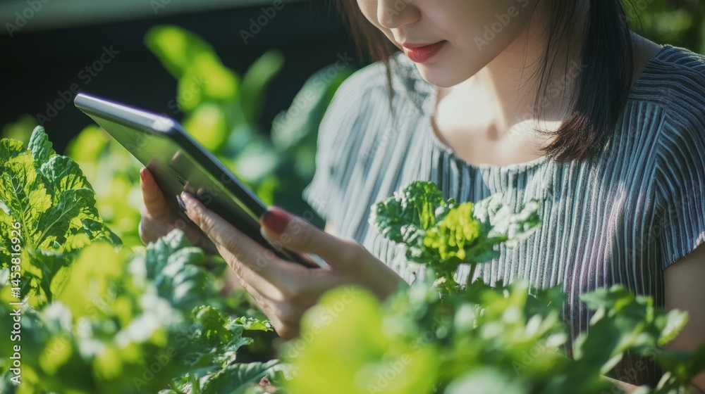 A woman in a field of vegetables, engaged with her smartphone. She is texting or possibly taking a selfie, surrounded by the freshness and vibrancy of nature.