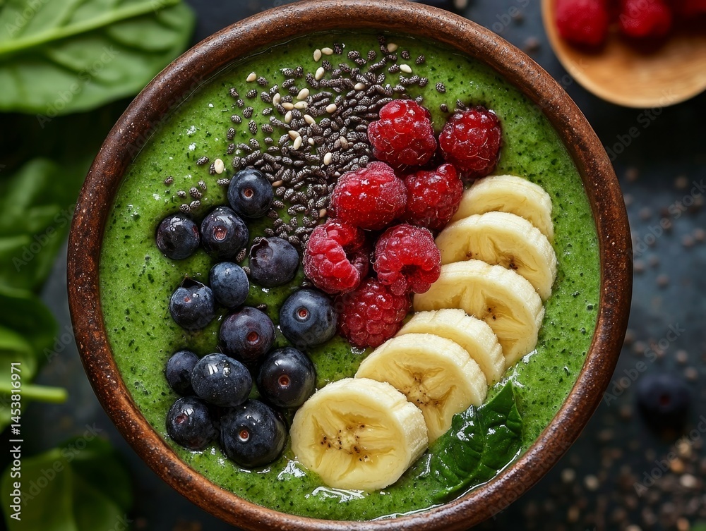 A bowl of green smoothie with blueberries and bananas. The bowl is brown and has a wooden rim