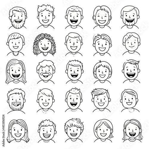 Diverse collection of smiling faces in a simple line drawing style showcasing positive emotions and human connection for various design needs