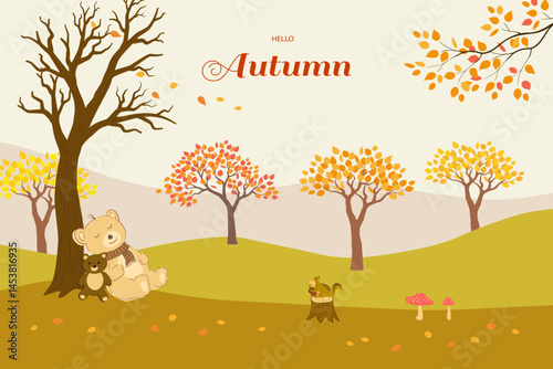 Hello autumn with colorful leaves and cute sleeping bear on flat style