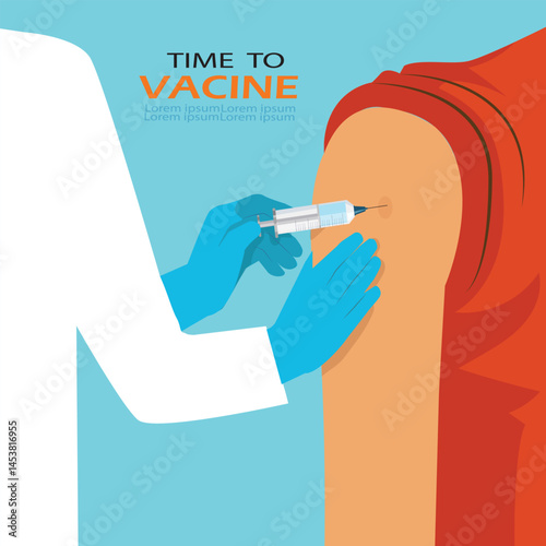 Time to  vaccinated Banner. Hand of medical staff injecting  vaccine in syringe to arm muscle. Let's get vaccinated. Let's Stop virus. Promotion. Encouragement. Vector Illustration