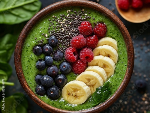 Obraz na płótnie A bowl of green smoothie with blueberries and bananas. The bowl is brown and has a wooden rim w salonie