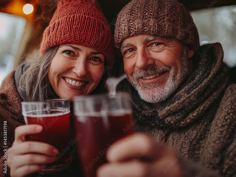 Couple enjoying mulled wine together, sharing a warm moment indoors.